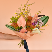 an exotic and luxurious bouquet of tropical flowers including anthurium, protea and orchids