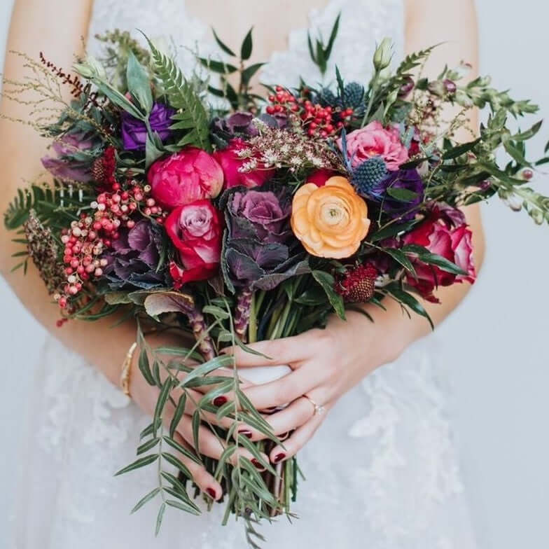 rustic bridal bouquet with deep and vibrant colors