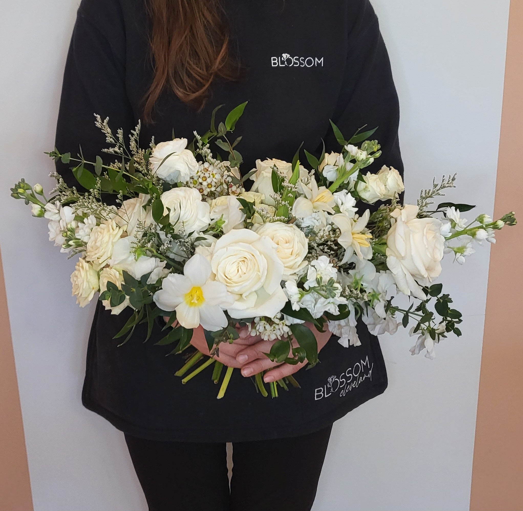 Cleveland brides love this large floral bouquet with tulips, roses, and eucalyptus