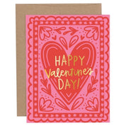 Valentine's Day card with pink border and heart design on a white background