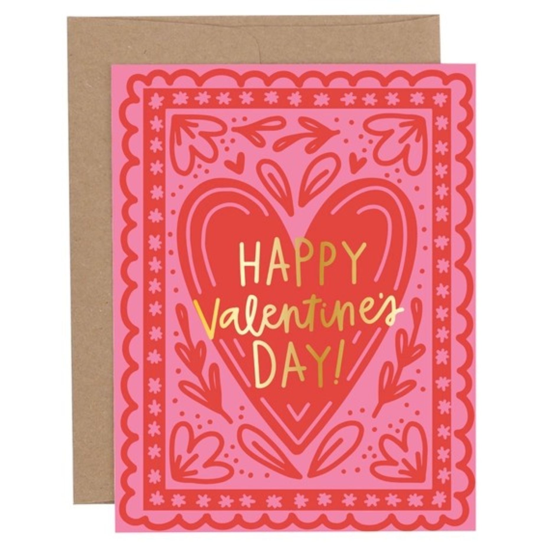Valentine's Day card with pink border and heart design on a white background