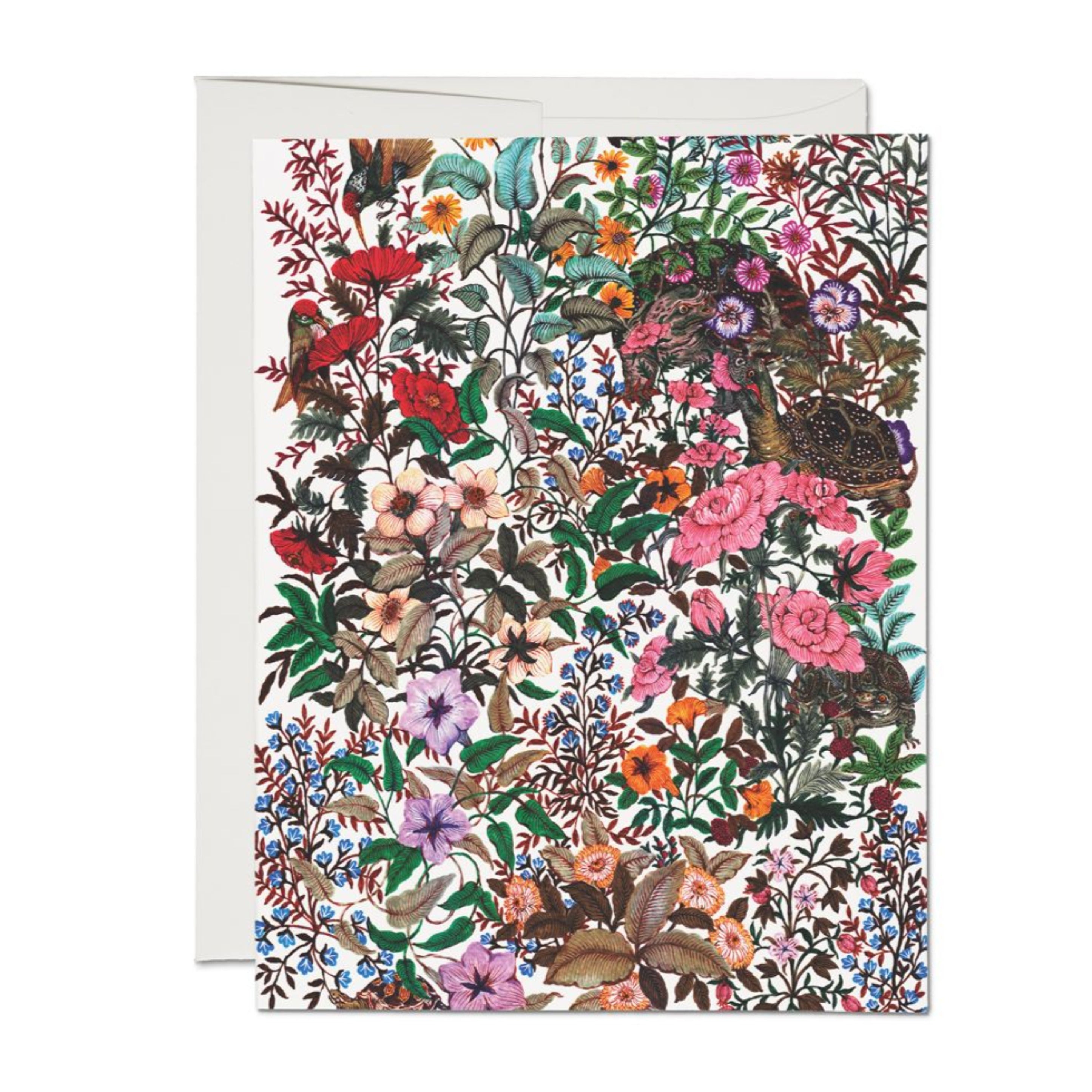 detailed multicolored floral stems cover the front of the card