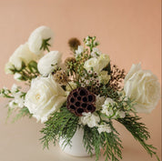 roses, stock, spray roses, ranunculus, waxflower, cedar