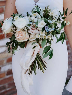 Lush white, pale blue, blush bridal bouquet