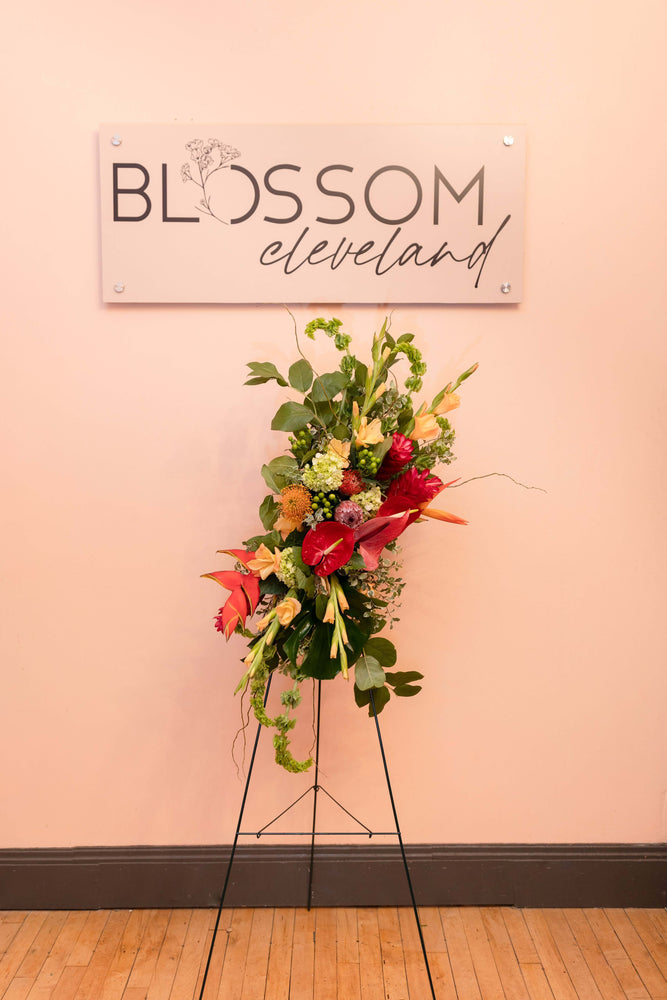 
            
                Load image into Gallery viewer, Celebration of Life Standing Spray for Funeral with Blossom Sign
            
        
