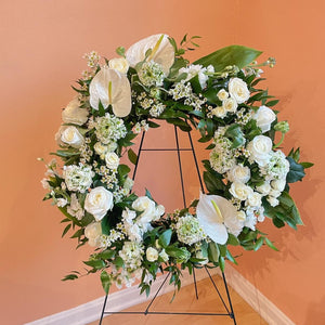 
            
                Load image into Gallery viewer, Standing Sympathy Wreath with Neutral Florals
            
        